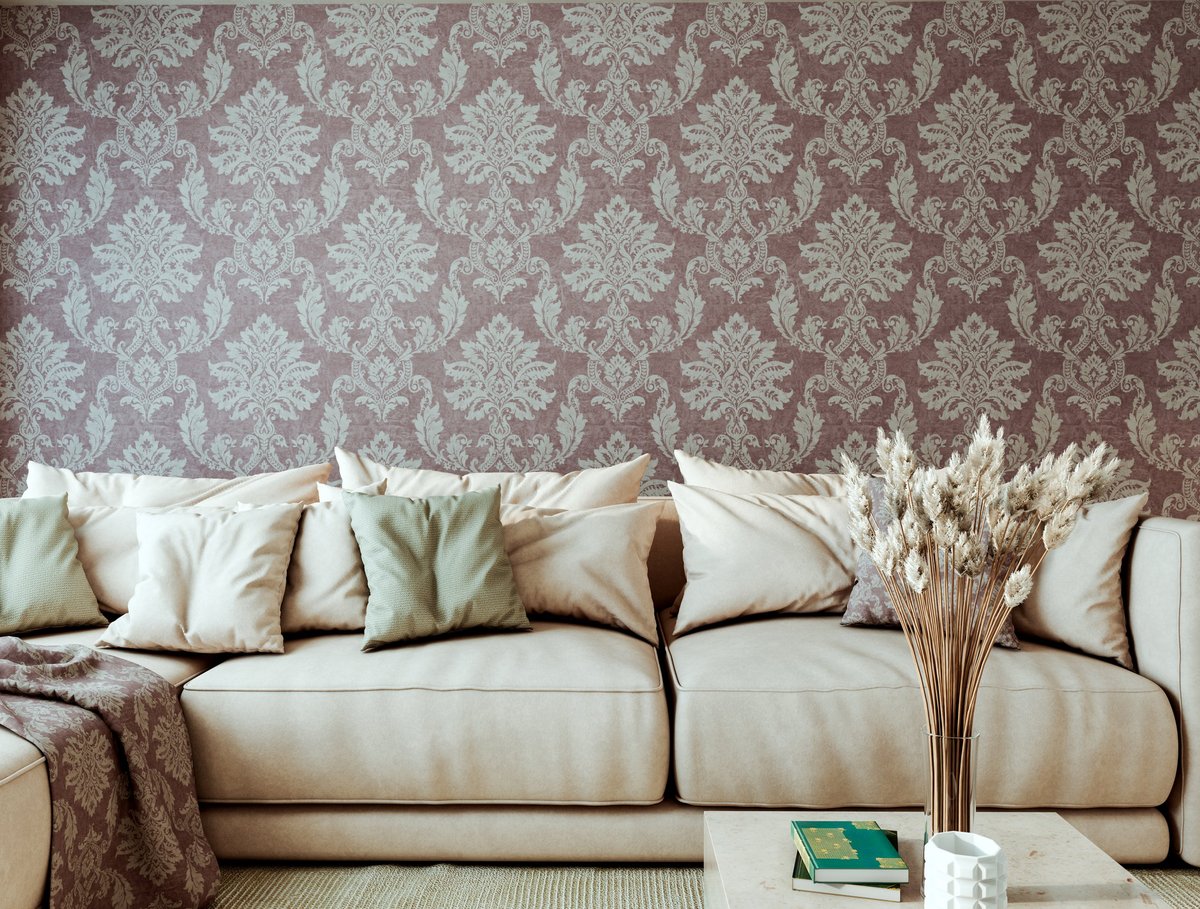 A luxurious, elegantly finished living room with wallpaper