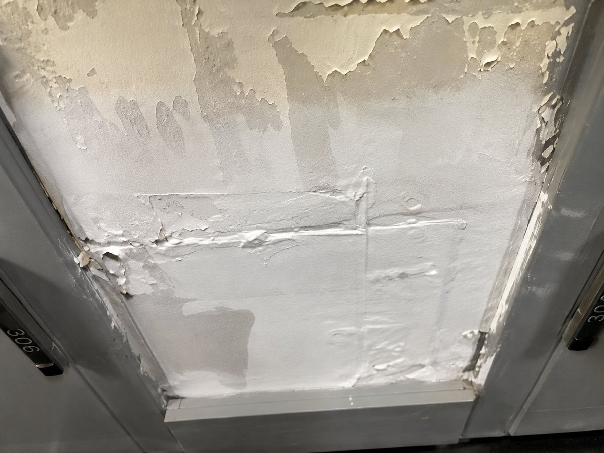Ceiling with peeling white paint and visible drywall damage, showing deterioration and water staining